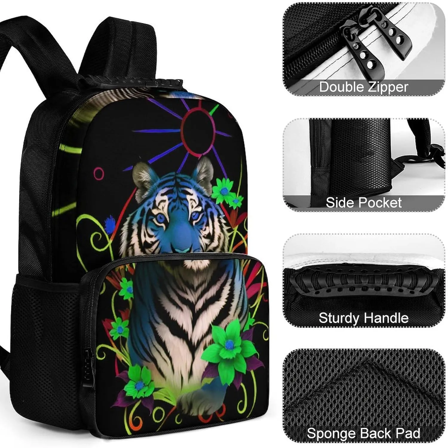 Lightweight Rucksack for Sports Travel Running - Big Capacity Multipurpose Anti-Theft Bookbag, Trippy Tiger Animal Flower Art Travel and Sport Backpack Rucksack