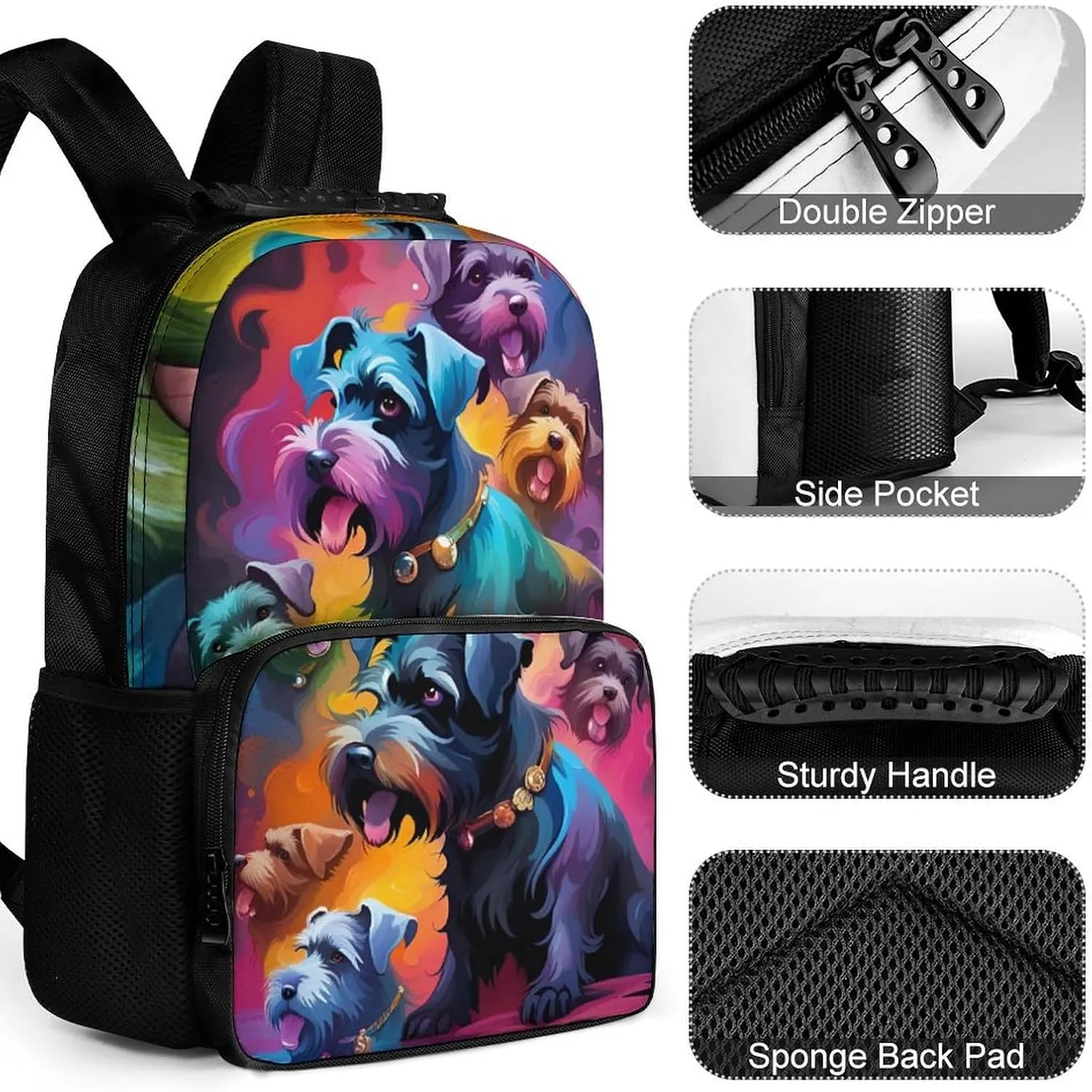 Lightweight Rucksacks for Camping Picnic Walking Cycling - Large Capacity Multipurpose Anti-Theft Carry On Bag, Colorful Cute Schnauzer Dogs Oil Art Travel Hiking & Camping Rucksack