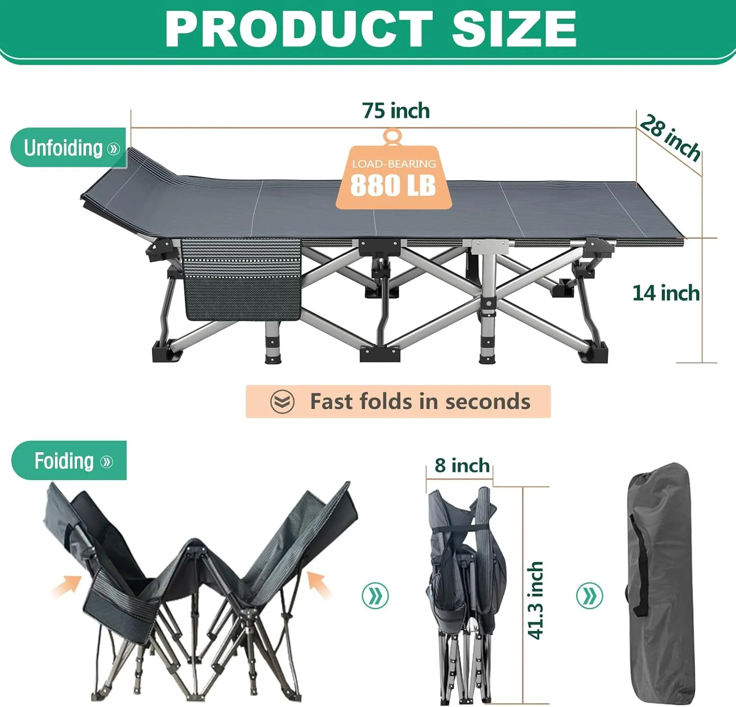 LILYPELLE Folding Camping Cot, Heavy Duty Sleeping Cots with Carry Bag, Double Layer Oxford Portable Travel Camp Cots for Home, Office Nap and Outdoor Beach