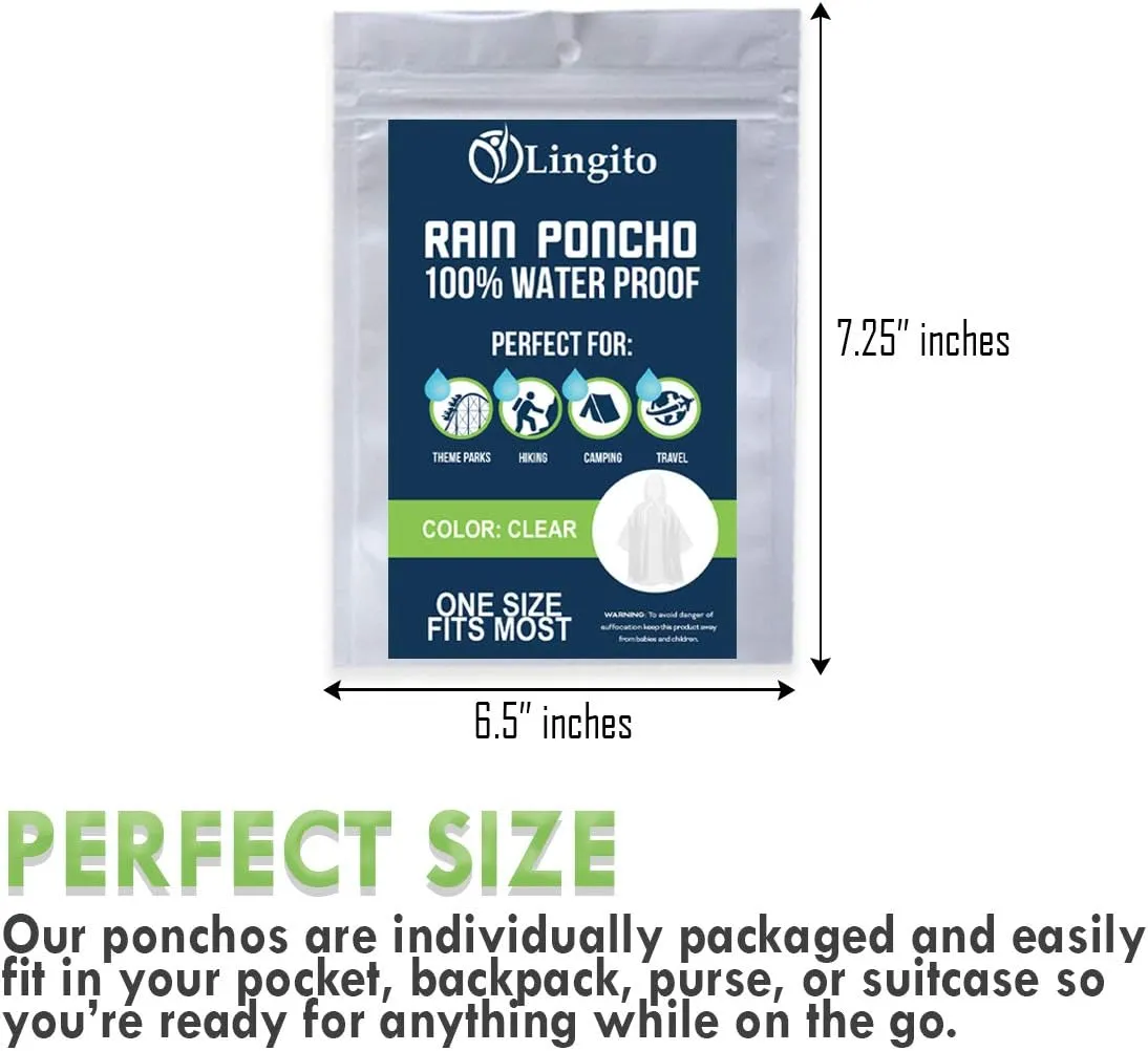 Lingito Clear Emergency Rain Ponchos Adults, Thicker, 100% Waterproof Emergency Camping Rain Poncho, Amusement Parks, Hikes