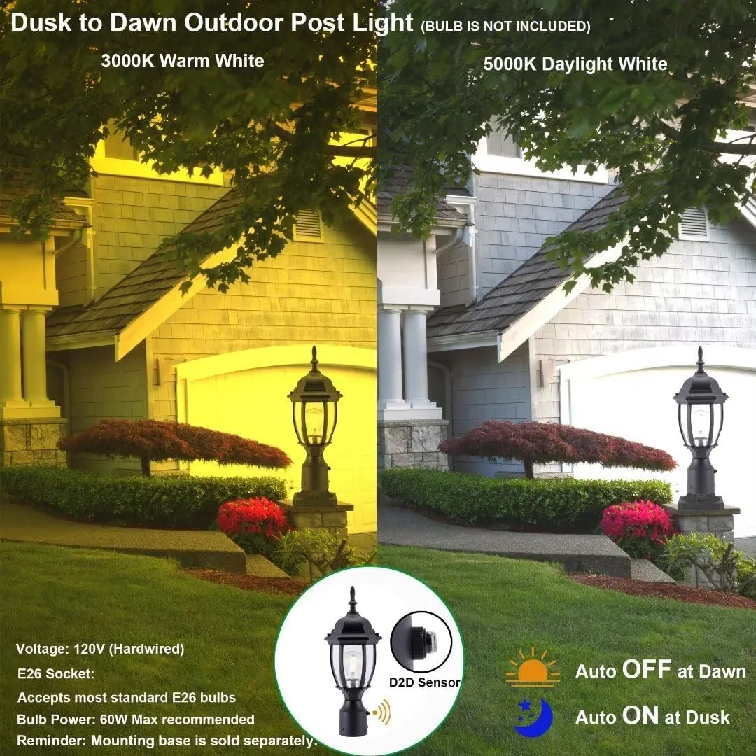 LIT-PaTH Dusk to Dawn Outdoor Post Lighting Fixture Pole Lantern, E26 Medium Base Max 60W, Aluminum Housing Plus Glass, Bulb Not Included (Black, 1-Pack)