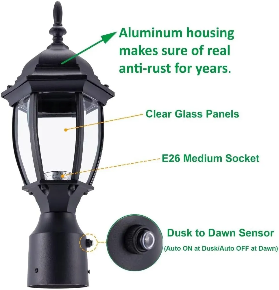 LIT-PaTH Dusk to Dawn Outdoor Post Lighting Fixture Pole Lantern, E26 Medium Base Max 60W, Aluminum Housing Plus Glass, Bulb Not Included (Black, 1-Pack)