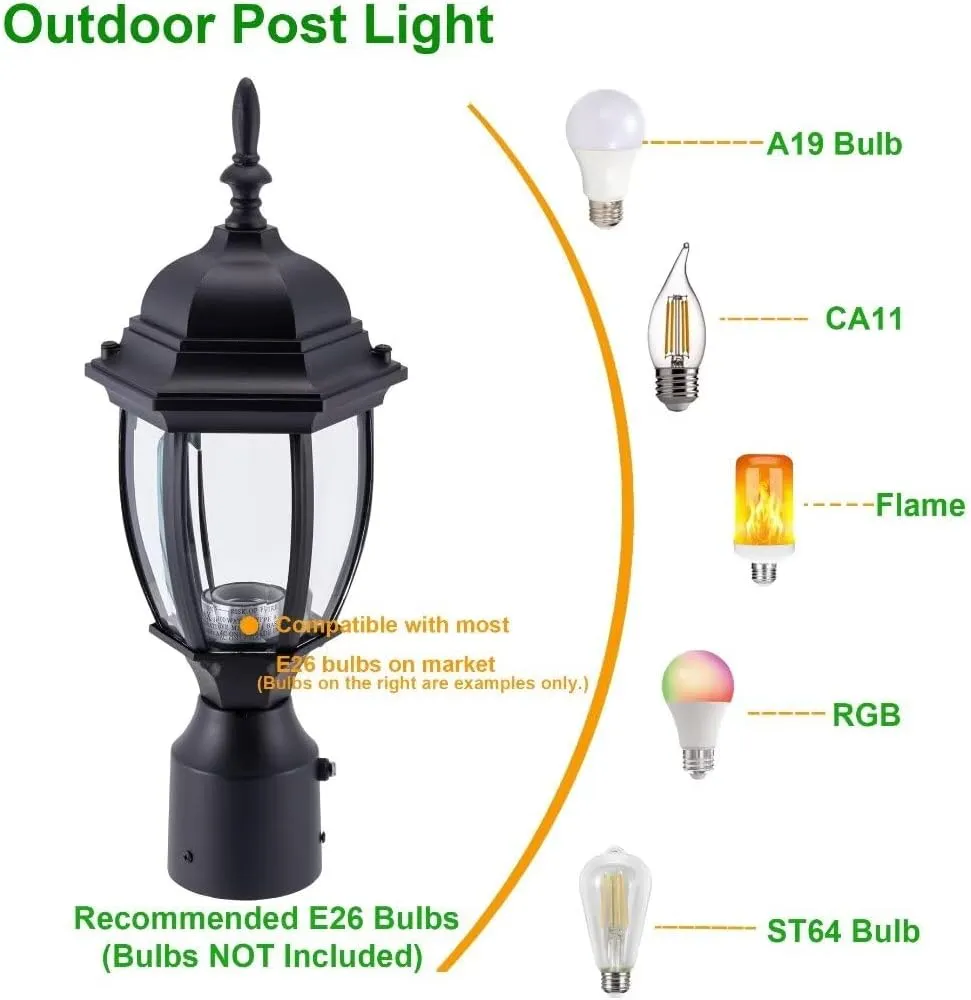 LIT-PaTH Dusk to Dawn Outdoor Post Lighting Fixture Pole Lantern, E26 Medium Base Max 60W, Aluminum Housing Plus Glass, Bulb Not Included (Black, 1-Pack)