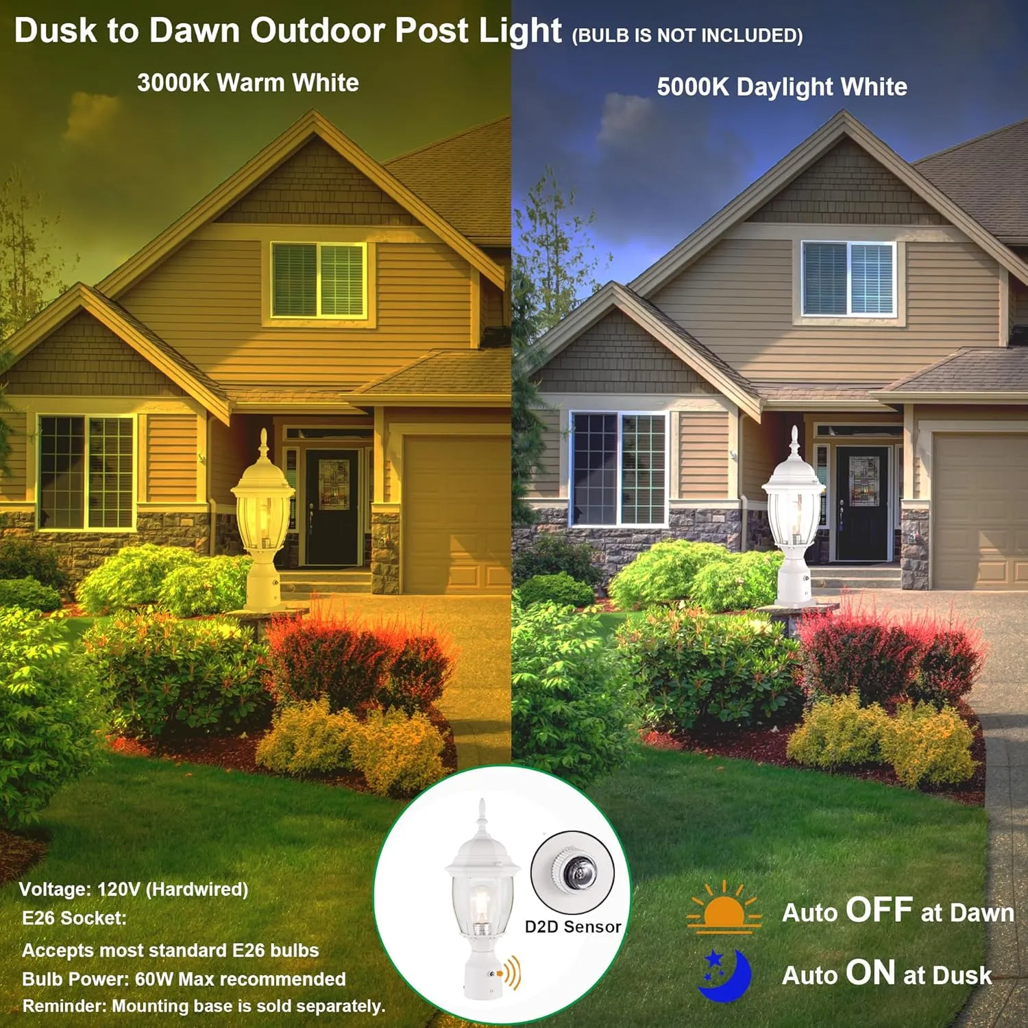 LIT-PaTH Dusk to Dawn Outdoor Post Lighting Fixture Pole Lantern, E26 Medium Base Max 60W, Aluminum Housing Plus Glass, Bulb Not Included (White, 1-Pack)