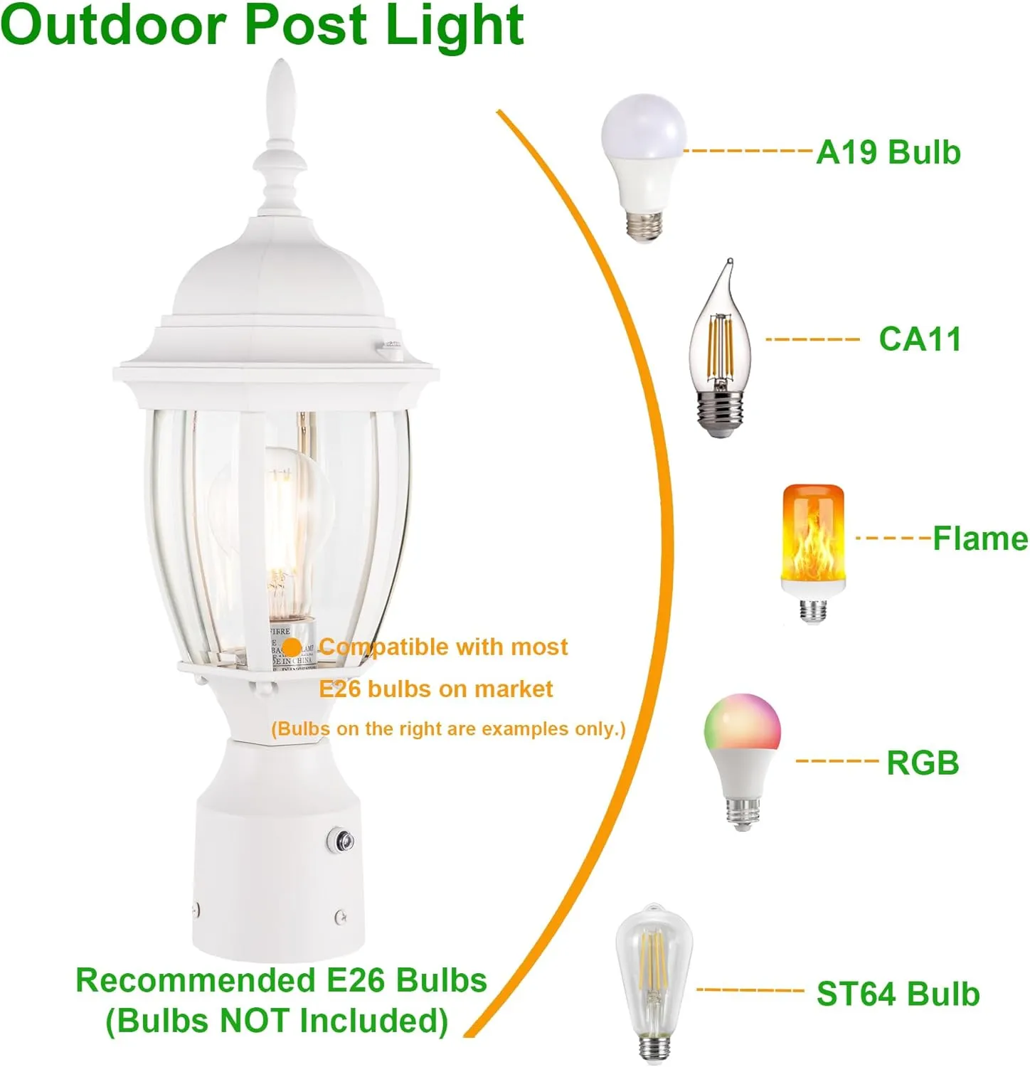 LIT-PaTH Dusk to Dawn Outdoor Post Lighting Fixture Pole Lantern, E26 Medium Base Max 60W, Aluminum Housing Plus Glass, Bulb Not Included (White, 1-Pack)