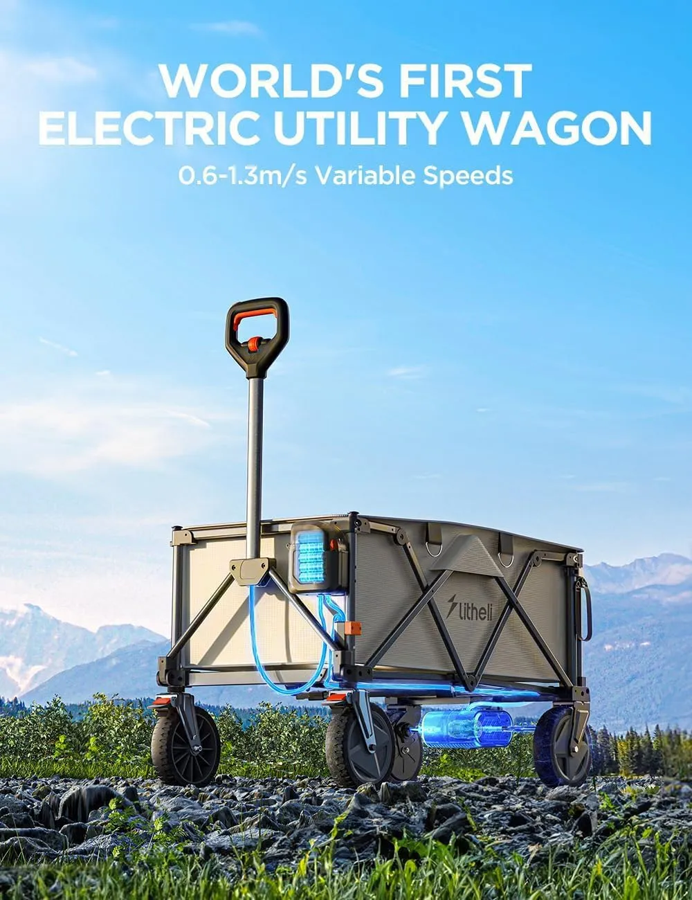 Litheli Electric Utility Wagon Cart, 200L Capacity, 300 lbs Load, Foldable Heavy-Duty Design with All-Terrain Wheels, Variable Speed Drive & Battery Power for Camping, Beach, Garden & Shopping