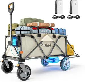 Litheli Electric Utility Wagon Cart, 200L Capacity, 300 lbs Load, Foldable Heavy-Duty Design with All-Terrain Wheels, Variable Speed Drive & Battery Power for Camping, Beach, Garden & Shopping