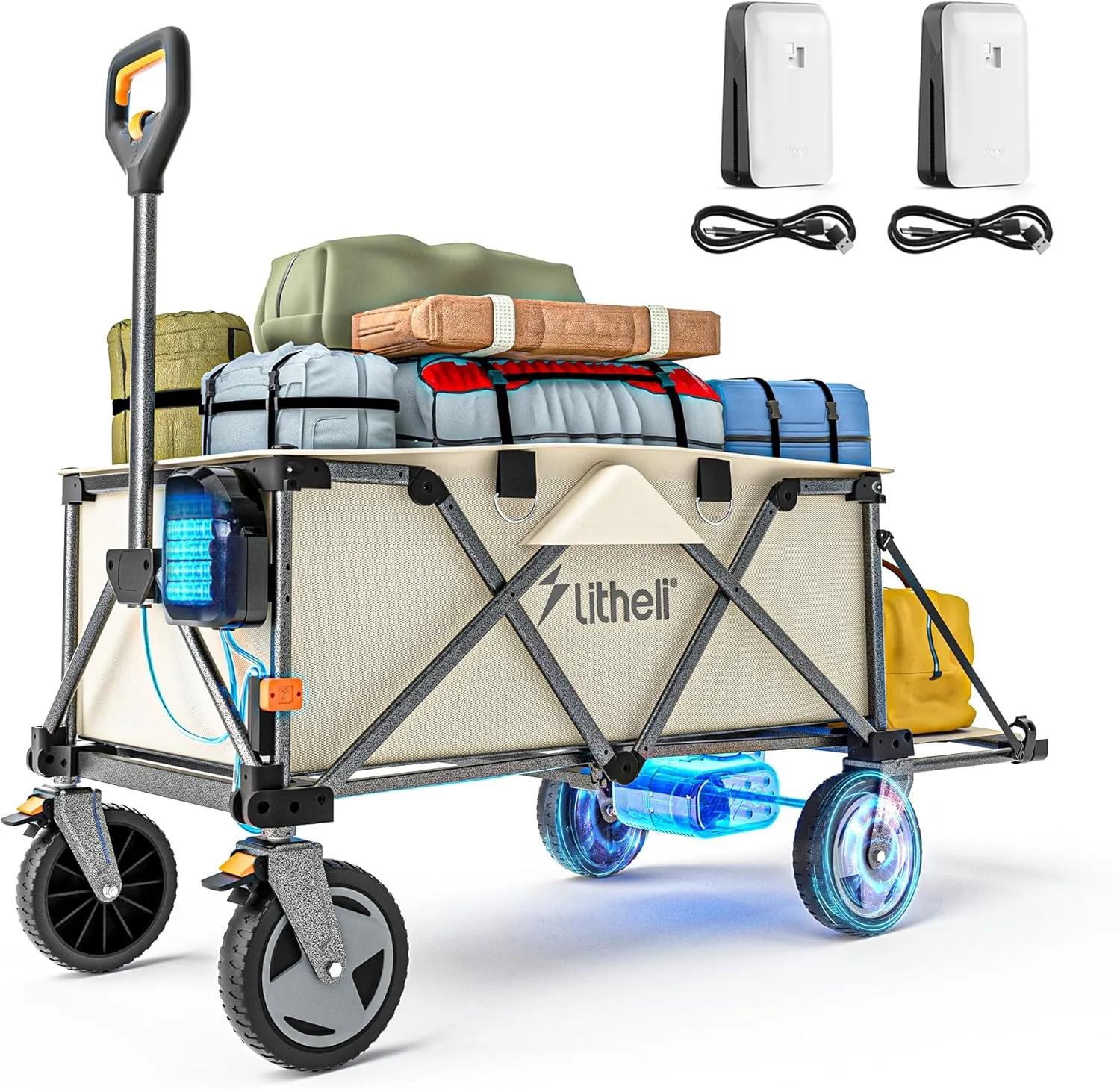 Litheli Electric Utility Wagon Cart, 200L Capacity, 300 lbs Load, Foldable Heavy-Duty Design with All-Terrain Wheels, Variable Speed Drive & Battery Power for Camping, Beach, Garden & Shopping