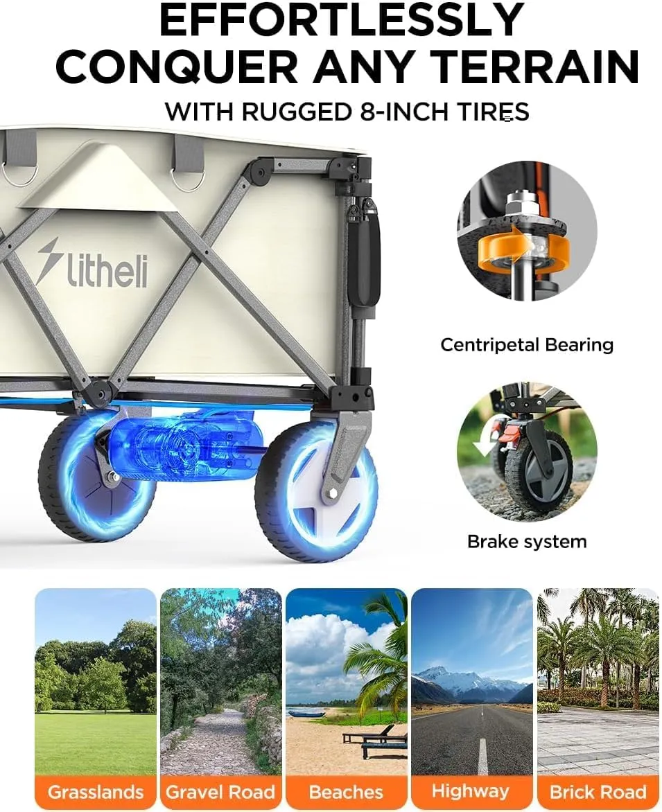 Litheli Electric Utility Wagon Cart, 200L Capacity, 300 lbs Load, Foldable Heavy-Duty Design with All-Terrain Wheels, Variable Speed Drive & Battery Power for Camping, Beach, Garden & Shopping