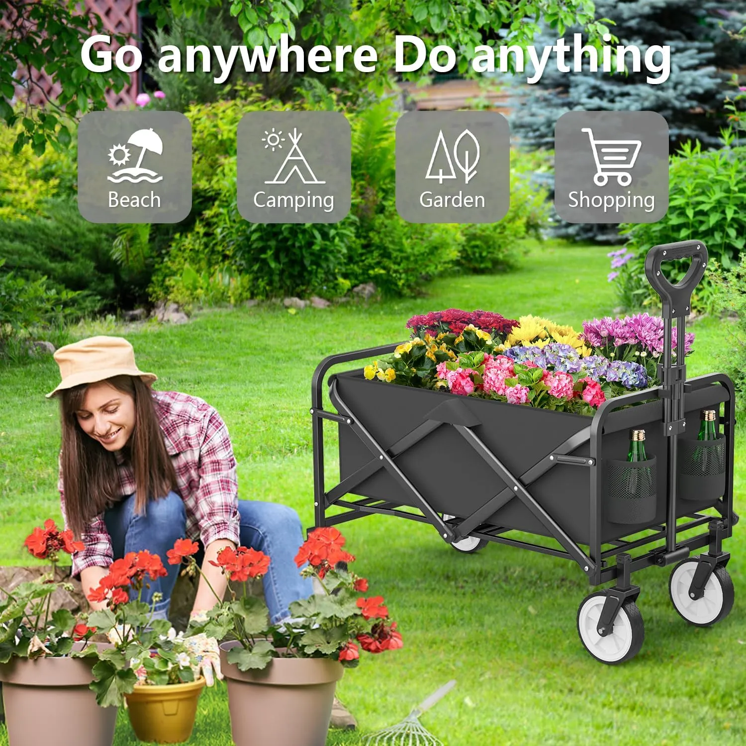 LUBBYGIM Collapsible Folding Wagon with Large Capacity, Utility Wagon Cart Heavy Duty Foldable, Portable Garden Cart for Beach Camping Shopping Sports (Black, 1 Year Warranty)