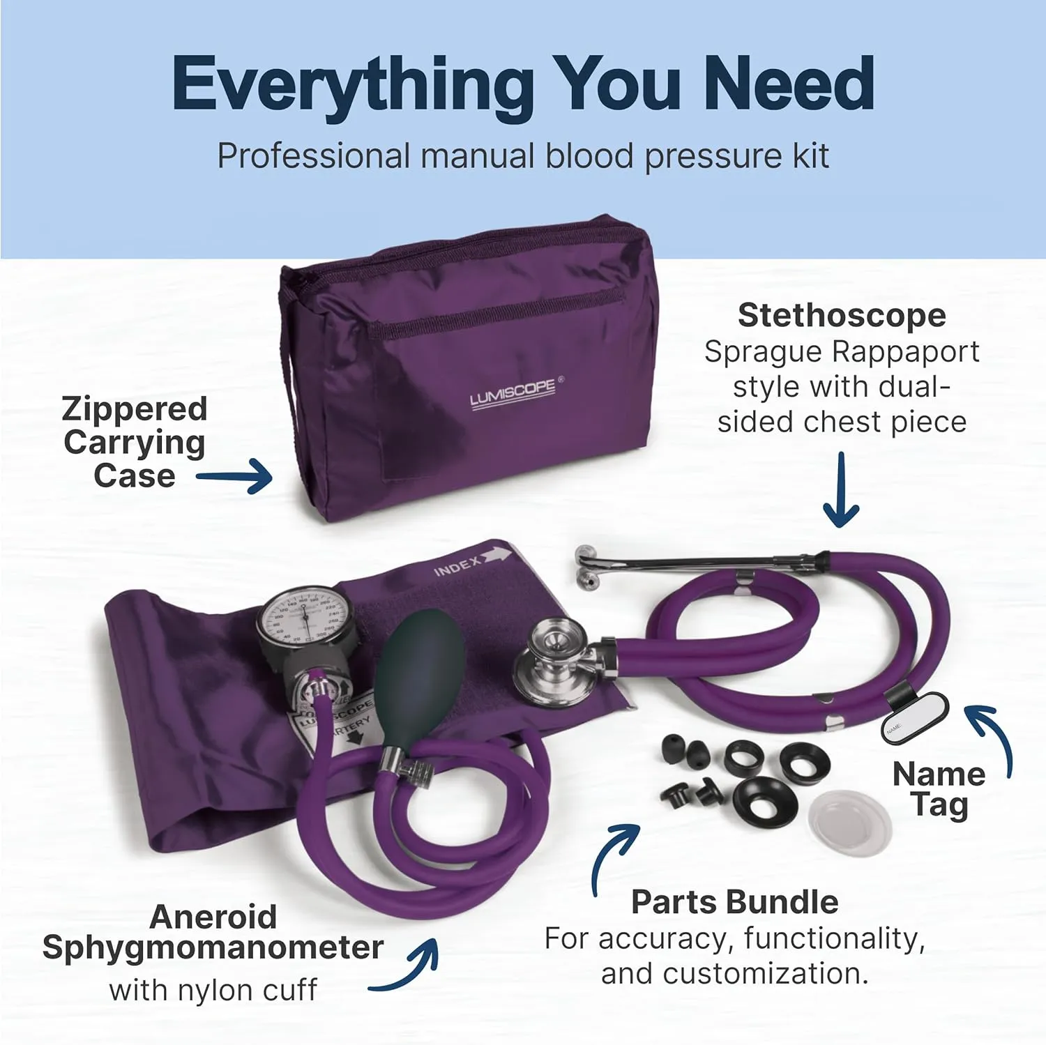 Lumiscope Professional Blood Pressure Kit - Stethoscope, Manual BP Cuff, Sphygmomanometer - Grape