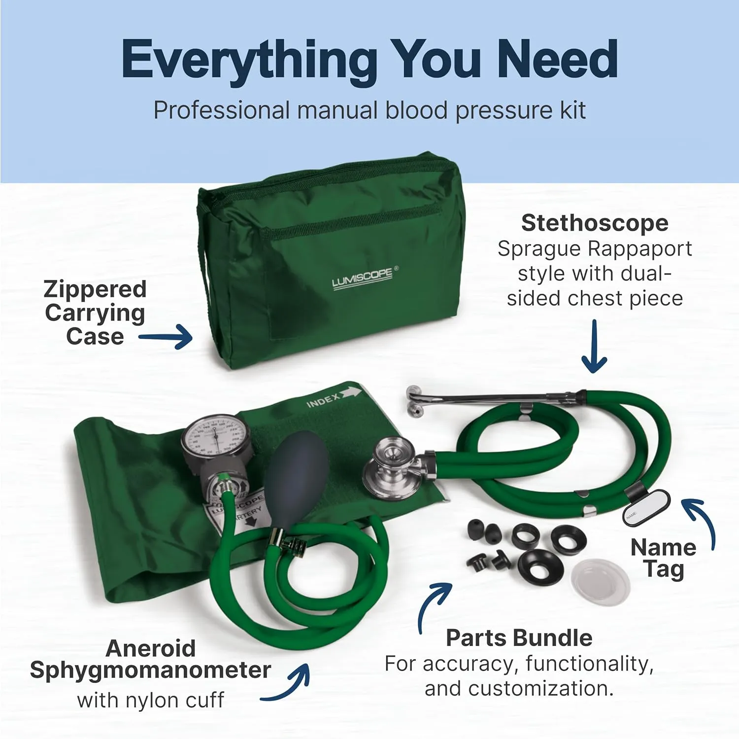 Lumiscope Professional Blood Pressure Kit - Stethoscope, Manual BP Cuff, Sphygmomanometer - Hunter Green