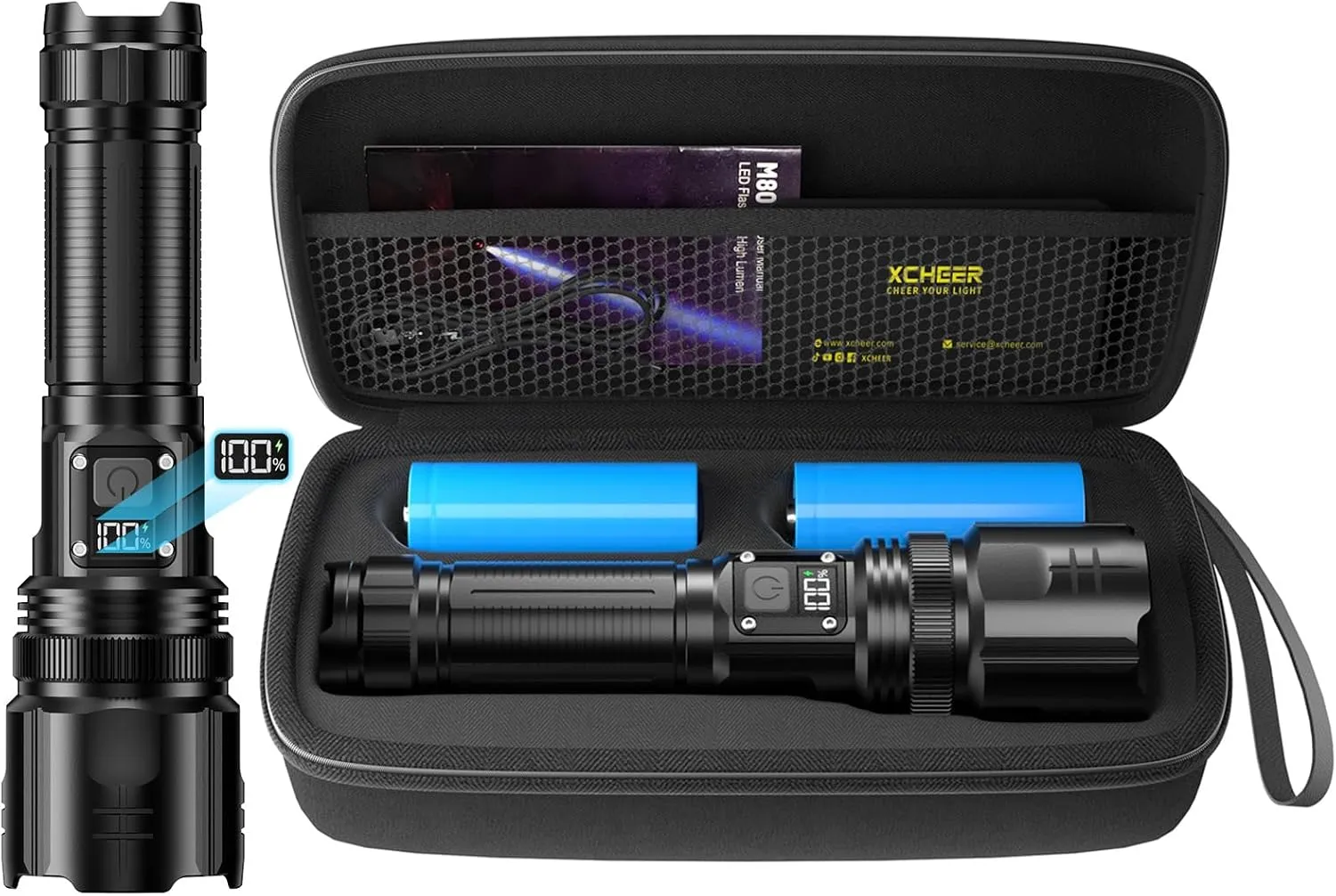 M80 Tactical Flashlight – 20,000-lumen Ultra-Bright Rechargeable Light with Dual Smart Batteries, Rugged case, 5 Modes & Waterproof. Ideal for Camping, Hiking & Emergencies.