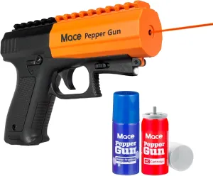 Mace Pepper Gun 2.0 with Pepper Spray & Water Training Cartridge Set, 20 Feet Range, Max Strength 10% OC Formula, Long Lasting UV Dye, LED Strobe, Self Defense Pepper Spray Gun for Women & Men