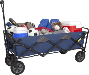 MacSports Foldable Beach Cart & Wagon, Collapsible Heavy Duty Utility Wagon Grocery Cart on Wheels (Navy Blue)