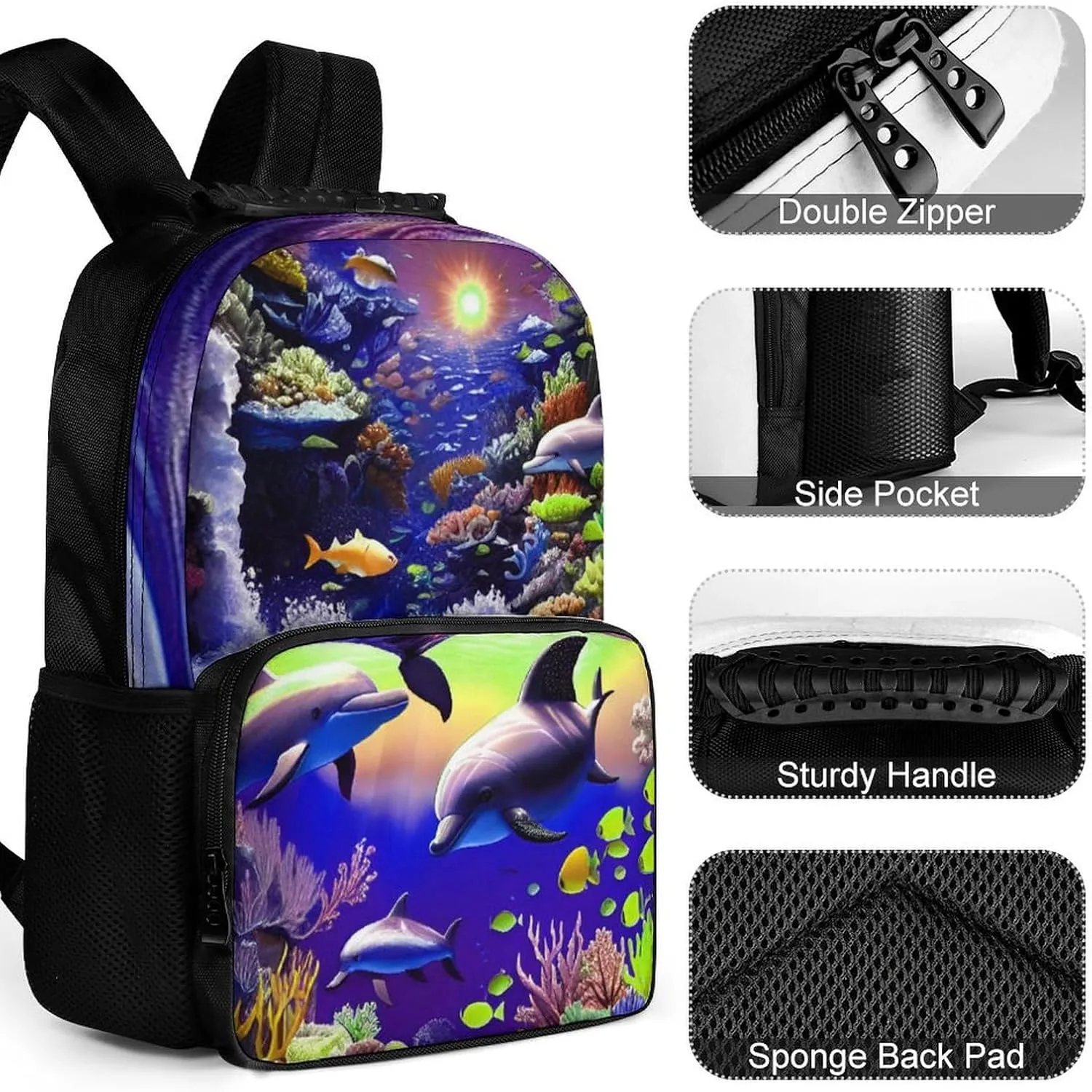 Magical Underwater World Of Dolphins And Fish Art Shoulder Book Bags Polyester Multipurpose Anti-Theft Carry On Bag Large Capacity Travel Hiking & Camping Rucksack