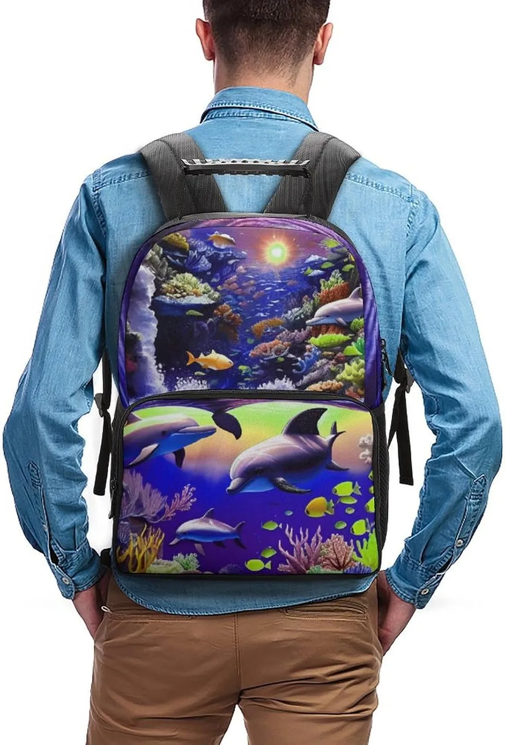 Magical Underwater World Of Dolphins And Fish Art Shoulder Book Bags Polyester Multipurpose Anti-Theft Carry On Bag Large Capacity Travel Hiking & Camping Rucksack