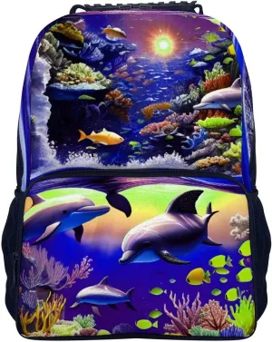 Magical Underwater World Of Dolphins And Fish Art Shoulder Book Bags Polyester Multipurpose Anti-Theft Carry On Bag Large Capacity Travel Hiking & Camping Rucksack