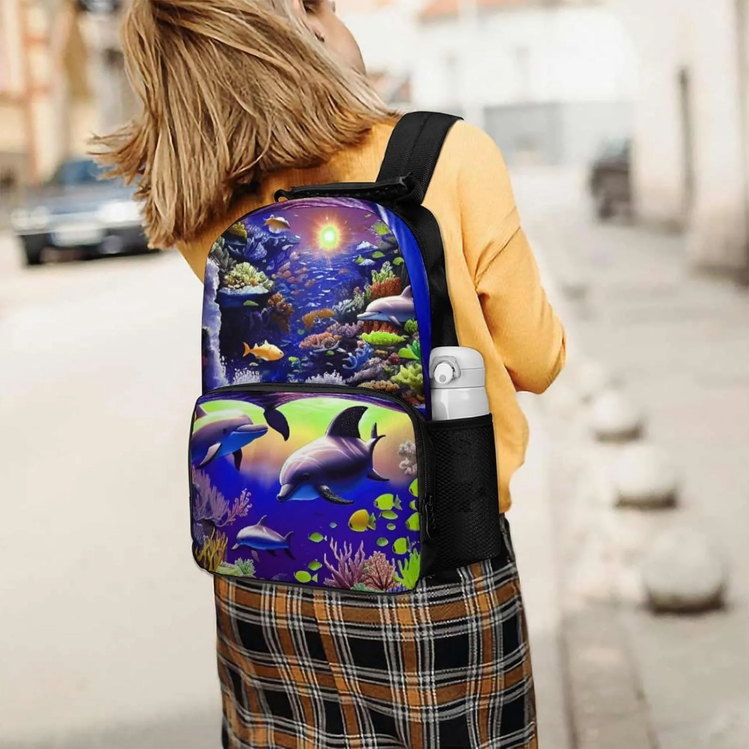 Magical Underwater World Of Dolphins And Fish Art Shoulder Book Bags Polyester Multipurpose Anti-Theft Carry On Bag Large Capacity Travel Hiking & Camping Rucksack