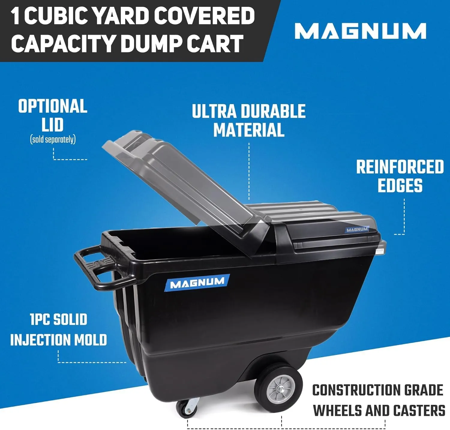Magnum Tilt Truck, 1 Cu. Yd. Covered Capacity Dump Cart with Heavy Duty 12” Wheels & 5” Casters for Handling Materials, Jobsites, 800 lbs, Trash Cart with Wheels DUC100-12