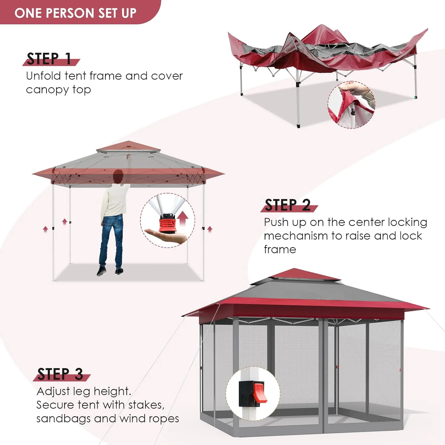 MAMIZO 11ft Pop Up Gazebo, Outdoor Instant Canopy Tent w/4 Netting Sidewall & Auto Extending Eave, Patio Gazebos Shelter w/Mesh Wall, Center Lock, Wheeled Bag for Garden, Yard (Red, 11X11FT)