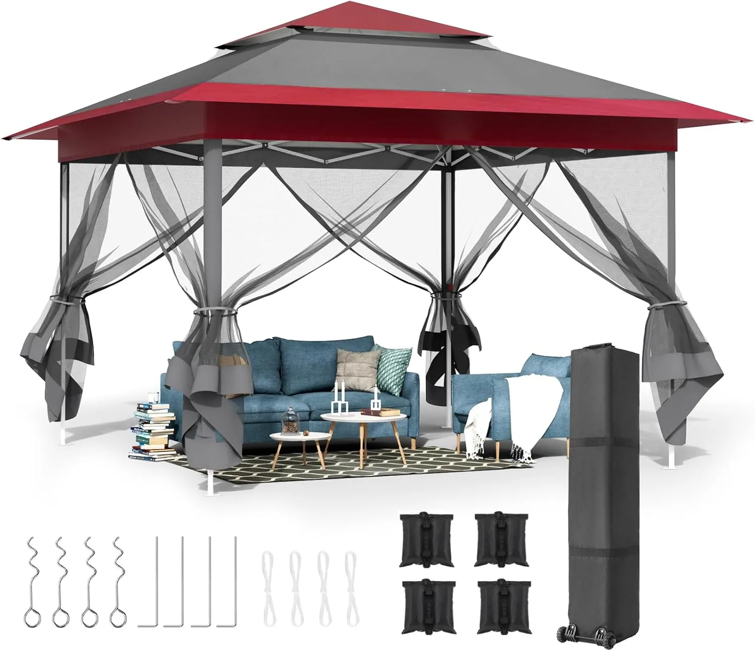 MAMIZO 11ft Pop Up Gazebo, Outdoor Instant Canopy Tent w/4 Netting Sidewall & Auto Extending Eave, Patio Gazebos Shelter w/Mesh Wall, Center Lock, Wheeled Bag for Garden, Yard (Red, 11X11FT)
