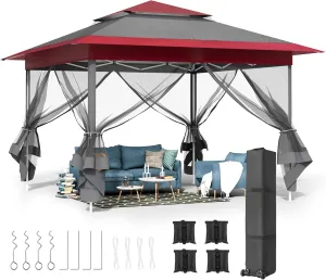MAMIZO 11ft Pop Up Gazebo, Outdoor Instant Canopy Tent w/4 Netting Sidewall & Auto Extending Eave, Patio Gazebos Shelter w/Mesh Wall, Center Lock, Wheeled Bag for Garden, Yard (Red, 11X11FT)
