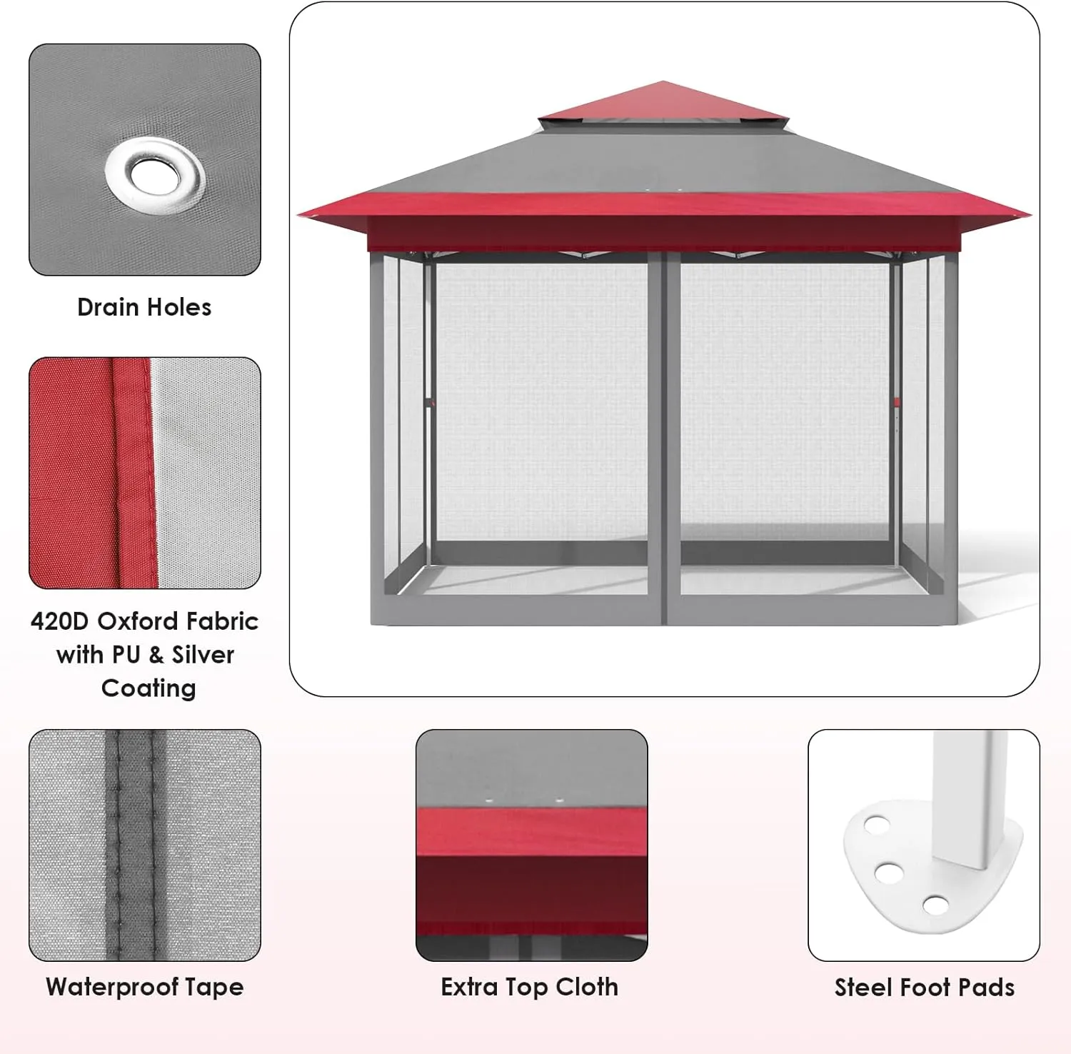 MAMIZO 11ft Pop Up Gazebo, Outdoor Instant Canopy Tent w/4 Netting Sidewall & Auto Extending Eave, Patio Gazebos Shelter w/Mesh Wall, Center Lock, Wheeled Bag for Garden, Yard (Red, 11X11FT)