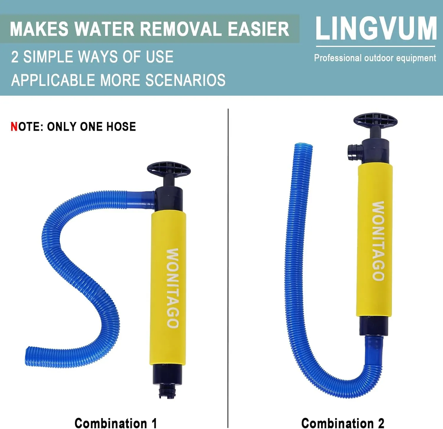 Manual Bilge Pump for Kayak Canoe and Boat - 17 Inch Portable Siphon Pump Kayak Hand Water Pumps with Reversible Hose, Yellow