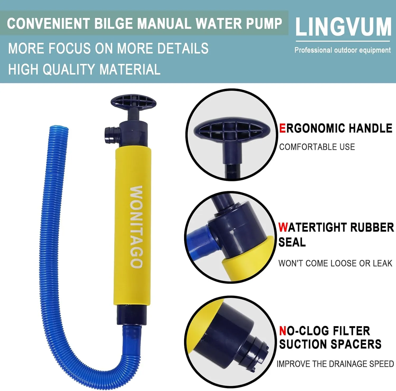 Manual Bilge Pump for Kayak Canoe and Boat - 17 Inch Portable Siphon Pump Kayak Hand Water Pumps with Reversible Hose, Yellow