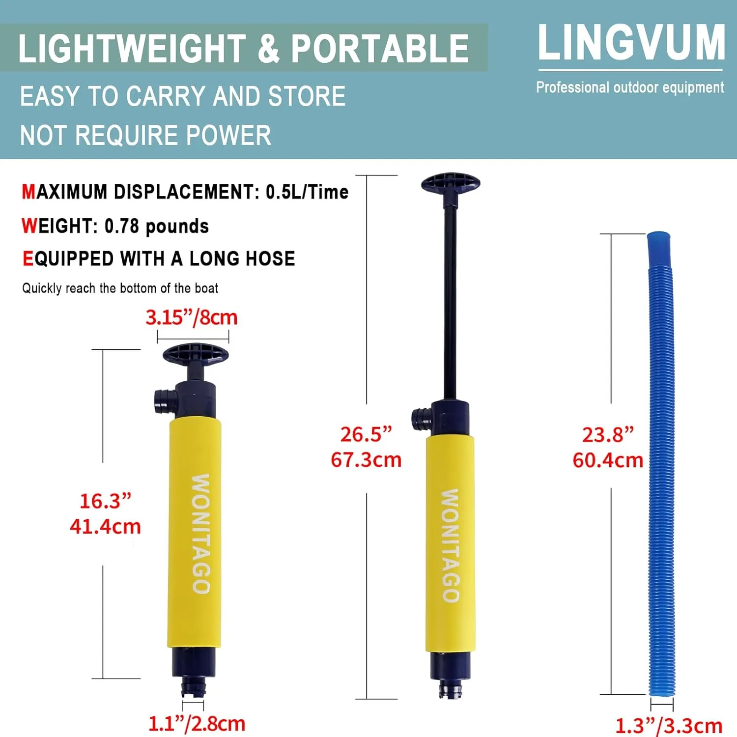 Manual Bilge Pump for Kayak Canoe and Boat - 17 Inch Portable Siphon Pump Kayak Hand Water Pumps with Reversible Hose, Yellow