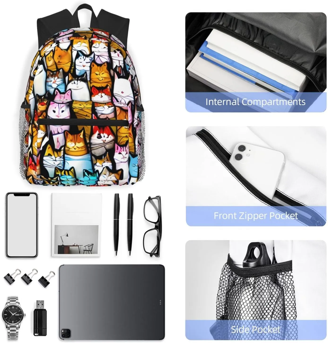 Many Cartoon Cats Print Comfortable Backpack,Your Essential Casual Travel Bag For Outdoor Adventures