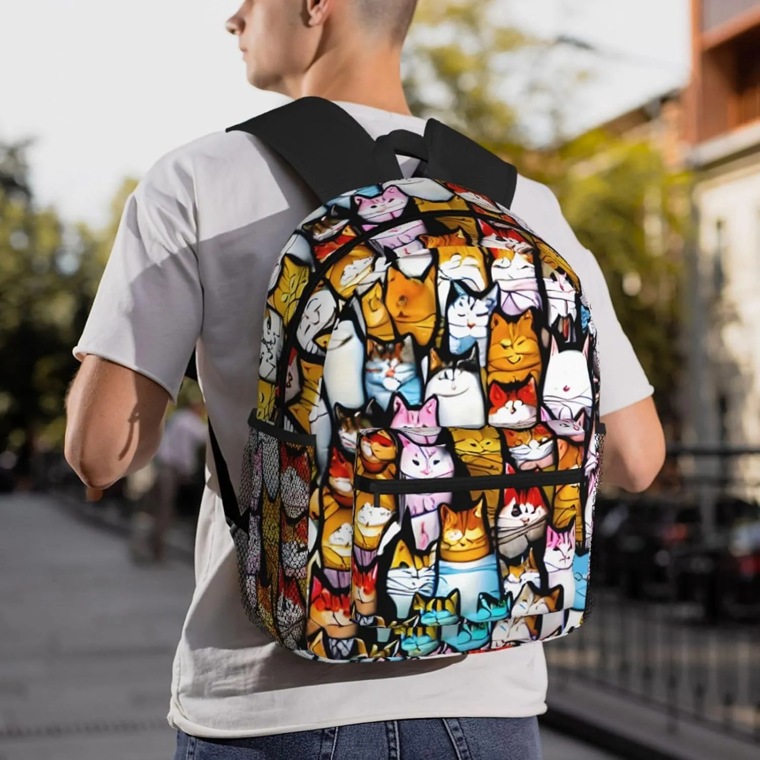 Many Cartoon Cats Print Comfortable Backpack,Your Essential Casual Travel Bag For Outdoor Adventures
