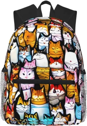 Many Cartoon Cats Print Comfortable Backpack,Your Essential Casual Travel Bag For Outdoor Adventures