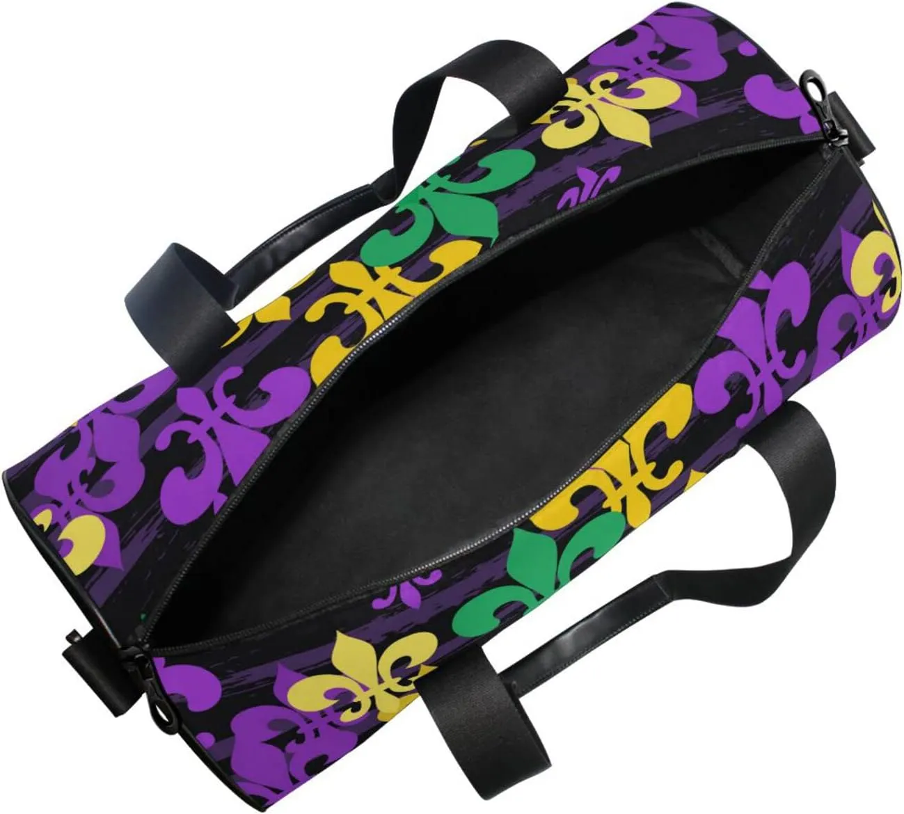 Mardi Gras Carnival Masquerade Purple Yellow Green Fleur De Lis Duffel Bag, Foldable Canvas Travel Tote for Gym Sports with Inner Pockets, Durable Lightweight Fitness Bag for Overnight Workout