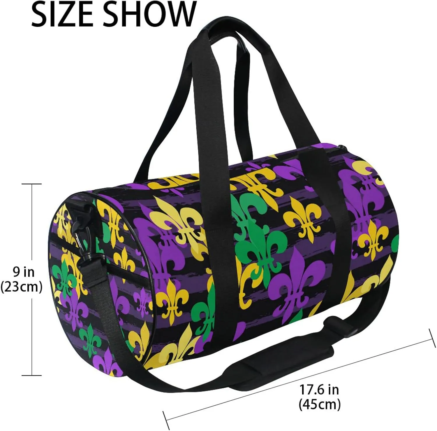 Mardi Gras Carnival Masquerade Purple Yellow Green Fleur De Lis Duffel Bag, Foldable Canvas Travel Tote for Gym Sports with Inner Pockets, Durable Lightweight Fitness Bag for Overnight Workout