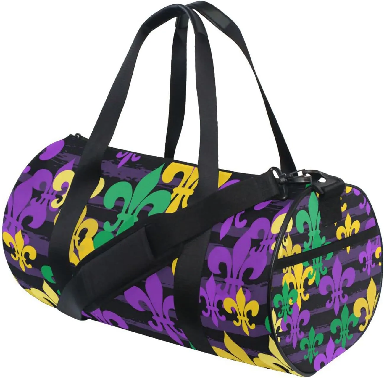 Mardi Gras Carnival Masquerade Purple Yellow Green Fleur De Lis Duffel Bag, Foldable Canvas Travel Tote for Gym Sports with Inner Pockets, Durable Lightweight Fitness Bag for Overnight Workout