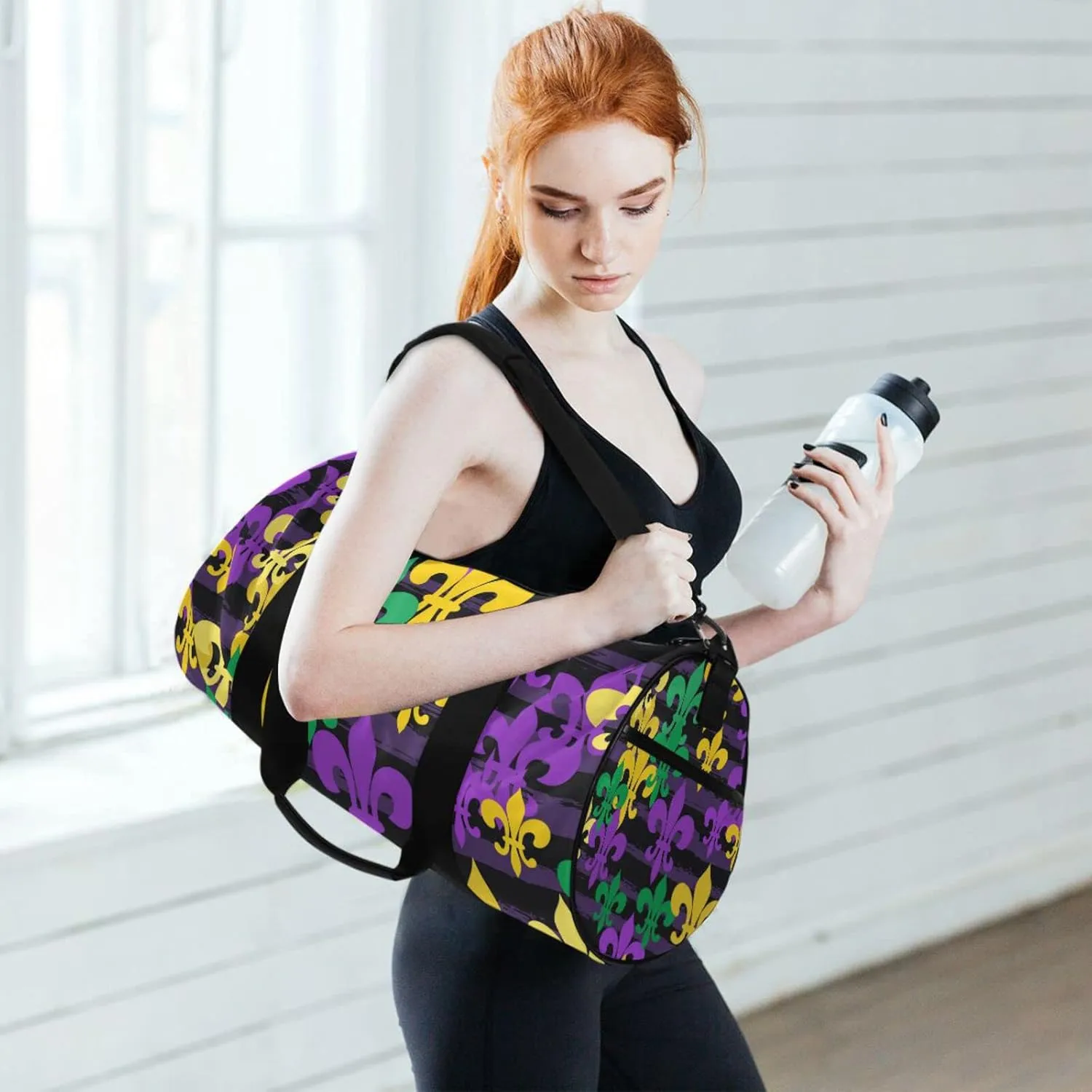 Mardi Gras Carnival Masquerade Purple Yellow Green Fleur De Lis Duffel Bag, Foldable Canvas Travel Tote for Gym Sports with Inner Pockets, Durable Lightweight Fitness Bag for Overnight Workout