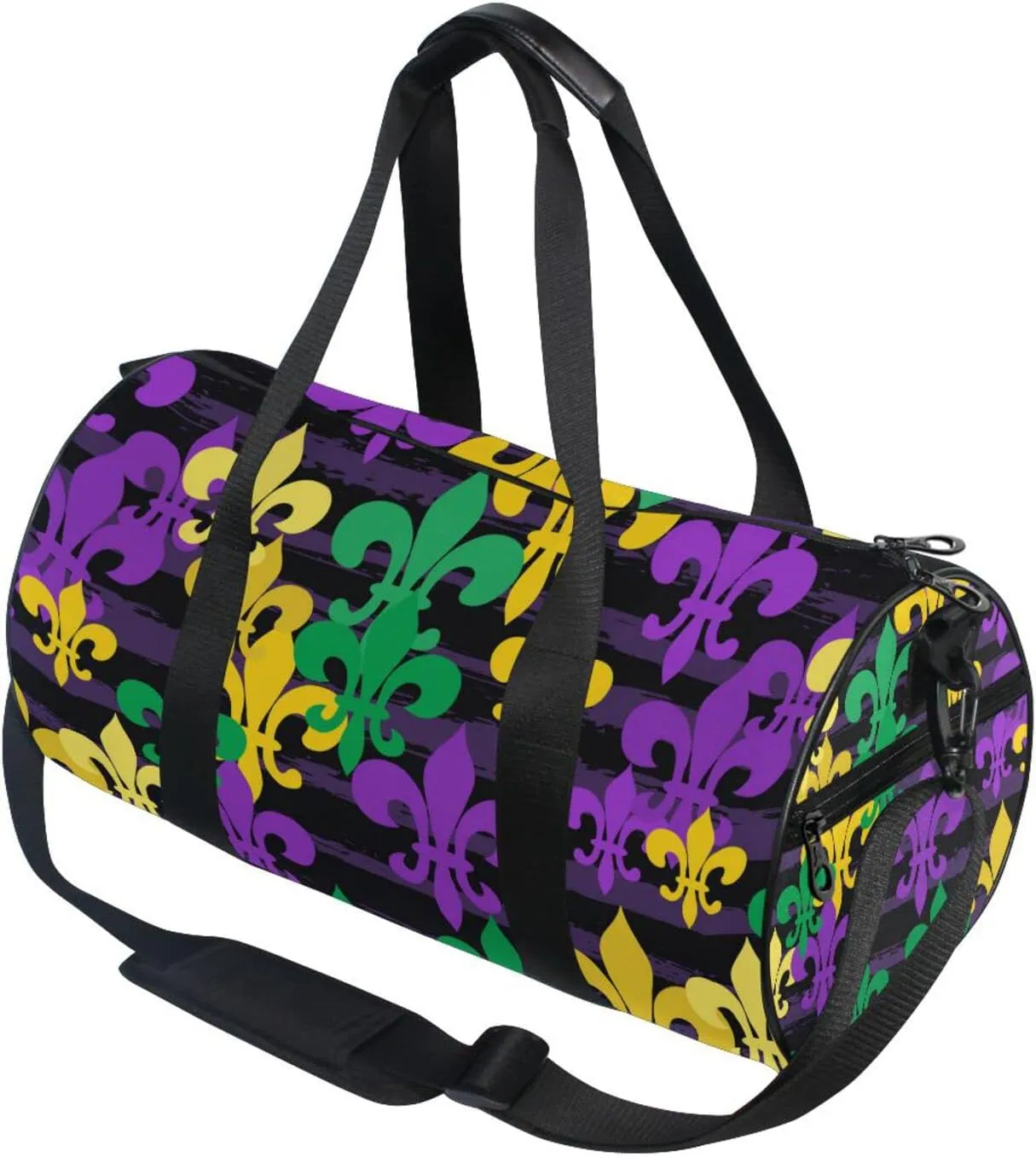 Mardi Gras Carnival Masquerade Purple Yellow Green Fleur De Lis Duffel Bag, Foldable Canvas Travel Tote for Gym Sports with Inner Pockets, Durable Lightweight Fitness Bag for Overnight Workout