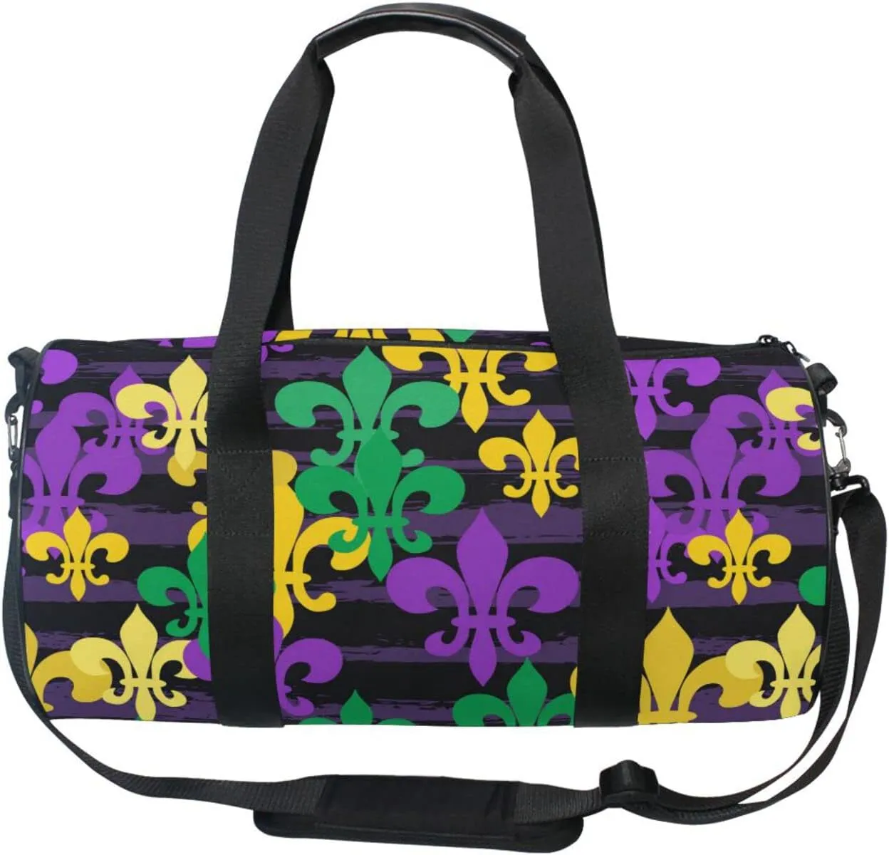 Mardi Gras Carnival Masquerade Purple Yellow Green Fleur De Lis Duffel Bag, Foldable Canvas Travel Tote for Gym Sports with Inner Pockets, Durable Lightweight Fitness Bag for Overnight Workout