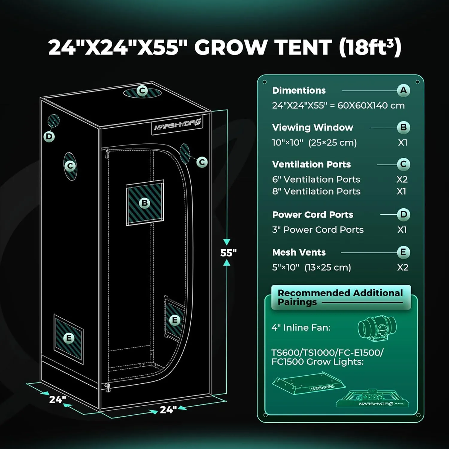 MARS HYDRO 2x2 Advanced Grow Tent, 24"x24"x55" High Reflective Mylar 1680D for Hydroponics Indoor Plant Growing, with Observation Window,Floor Tray and Smooth Zipper for TS600/TS1000