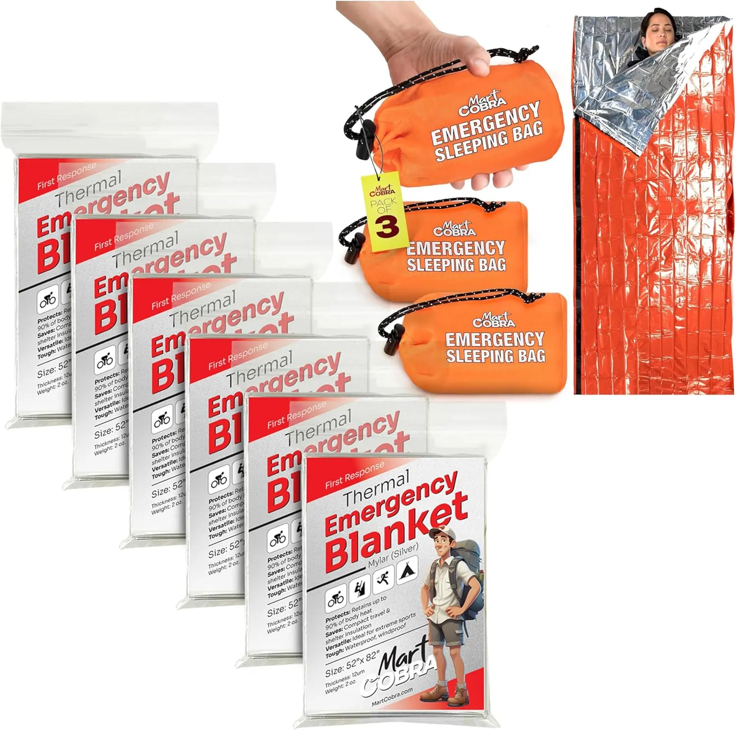 Mart Cobra Emergency Blanket 6-Pack & Emergency Sleeping Bag x3 Survival Blanket & Life Bivy Sack Survival Gear & Camping Supplies Thermal Reusable Mylar Supplies Car Bug Out Bag