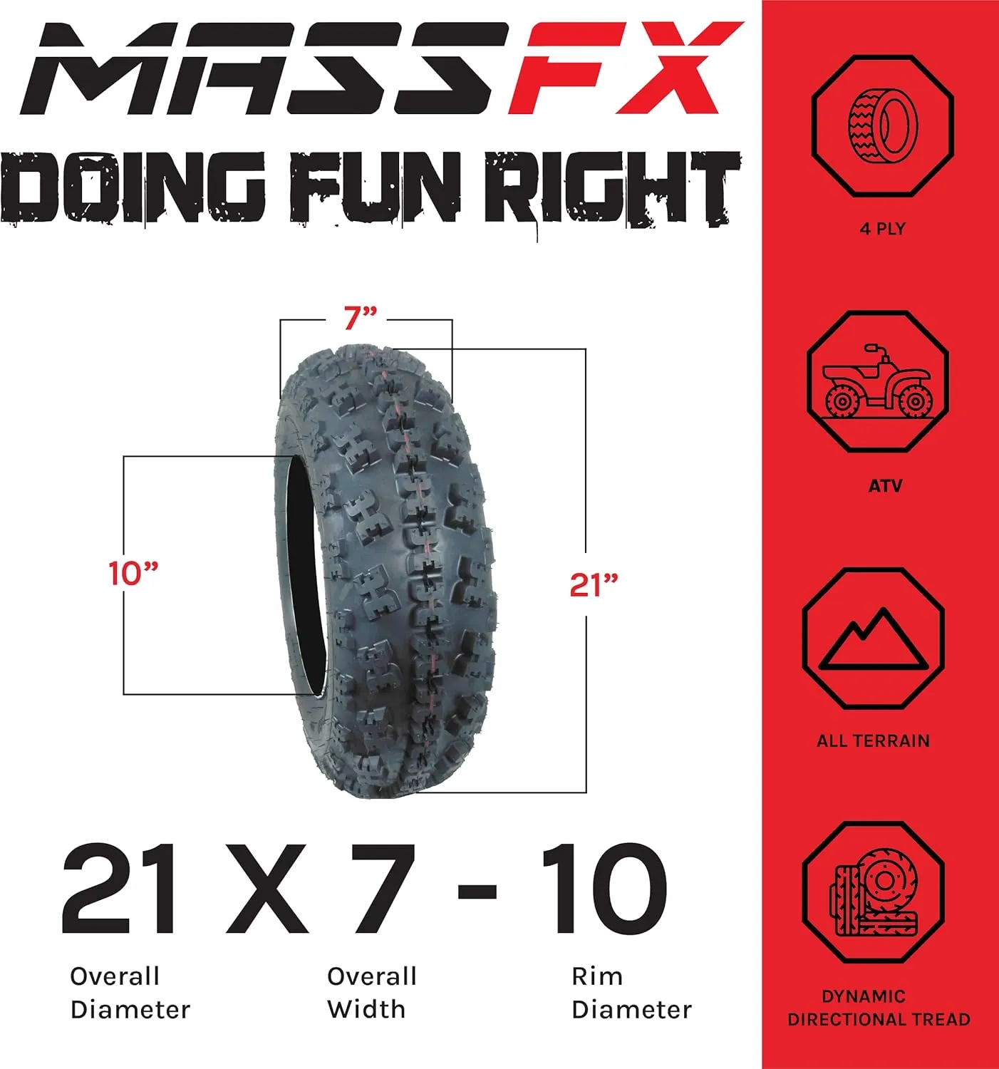 MASSFX 21x7-10 Front Tires (2) for Sport Quad: All-Terrain (ATV), Utility-Task (UTV), and Side-by-Side (SxS) Vehicles - 4-Ply with 15mm Tread Depth 21x7x10 (2-Pack)
