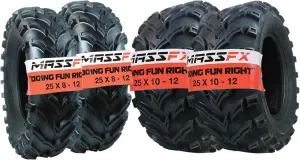 MASSFX 25x8-12 Front (2) & 25x10-12 Rear (2) Tire Set for All-Terrain (ATV), Utility-Task (UTV), and Side-by-Side (SxS) Vehicles - 6-Ply with 1/2" Tread Depth 25x8x12; 25x10x12 (4-Pack)