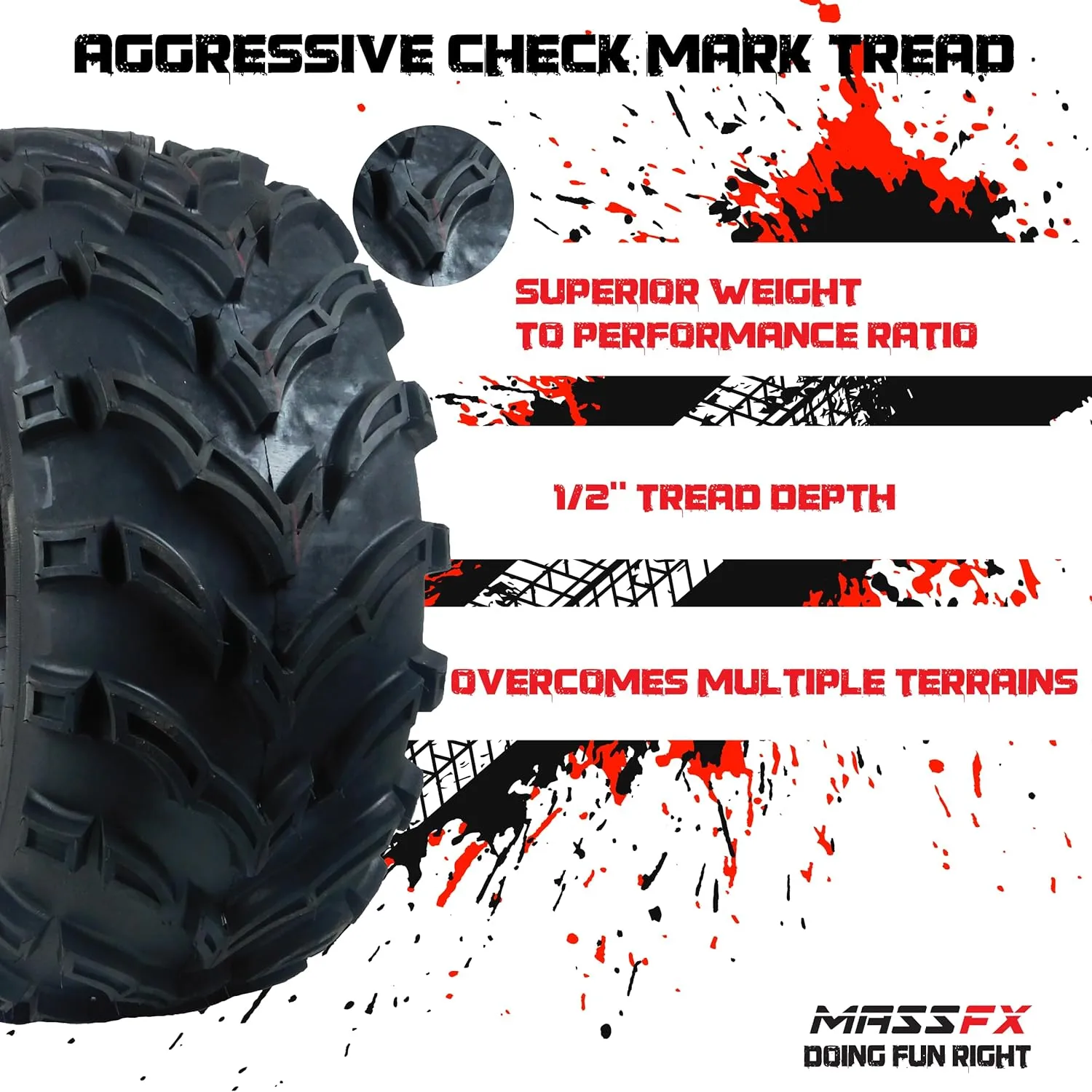 MASSFX 26x9-12 Front Tire for All-Terrain (ATV), Utility-Task (UTV), and Side-by-Side (SxS) Vehicles - 6-Ply with 1/2" Tread Depth 26x9x12