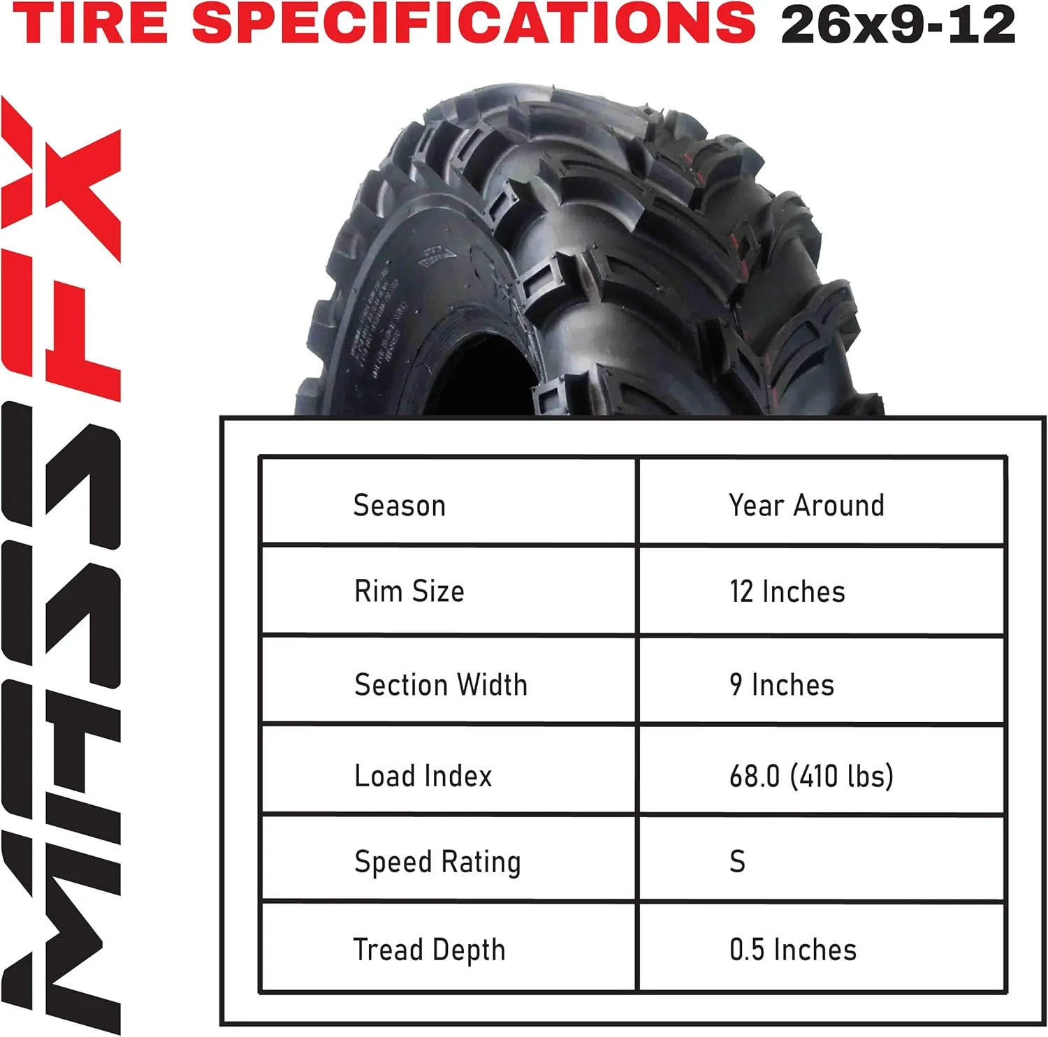 MASSFX 26x9-12 Front Tire for All-Terrain (ATV), Utility-Task (UTV), and Side-by-Side (SxS) Vehicles - 6-Ply with 1/2" Tread Depth 26x9x12