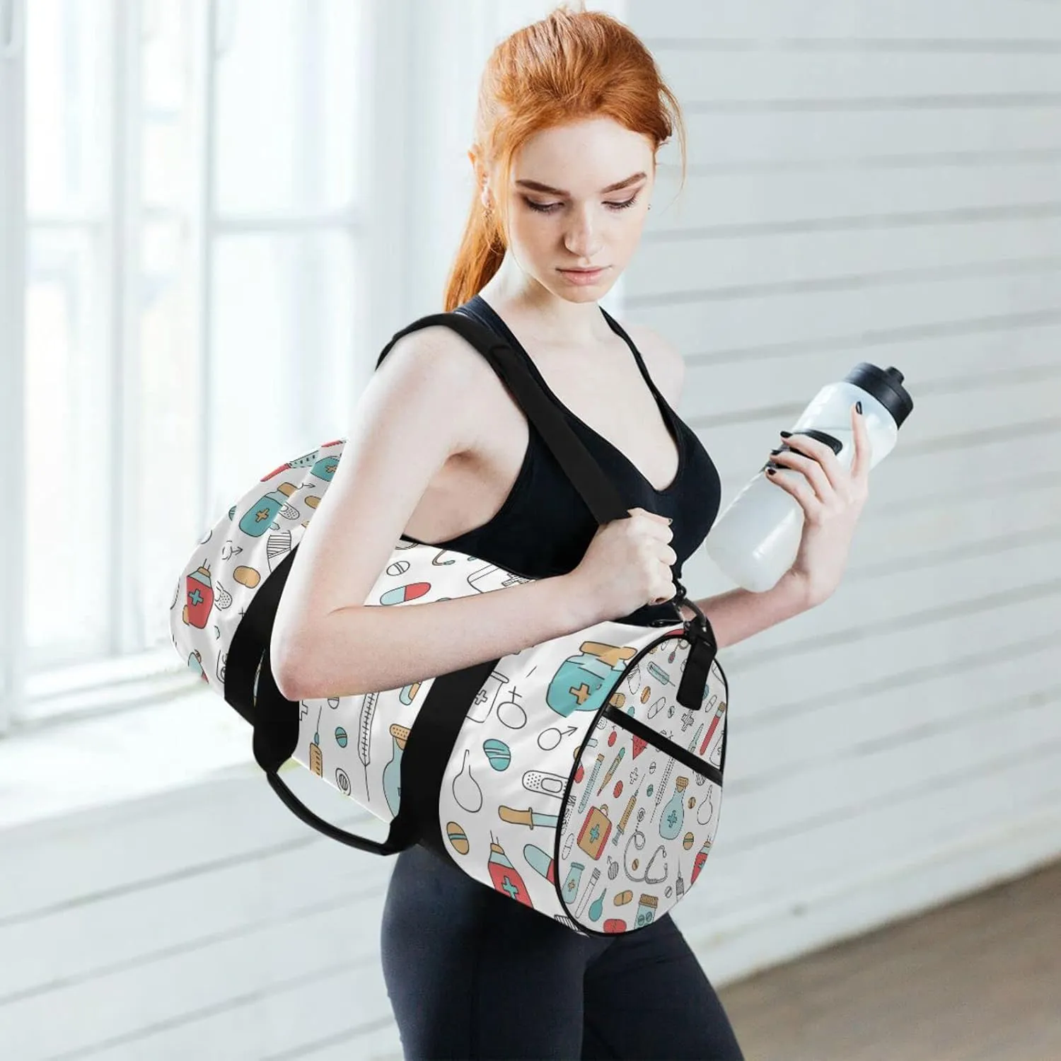 Medical Medicine Research Pills Needles Heart Blood on White Duffel Bag, Foldable Canvas Travel Tote for Gym Sports with Inner Pockets, Durable Lightweight Fitness Bag for Overnight Workout