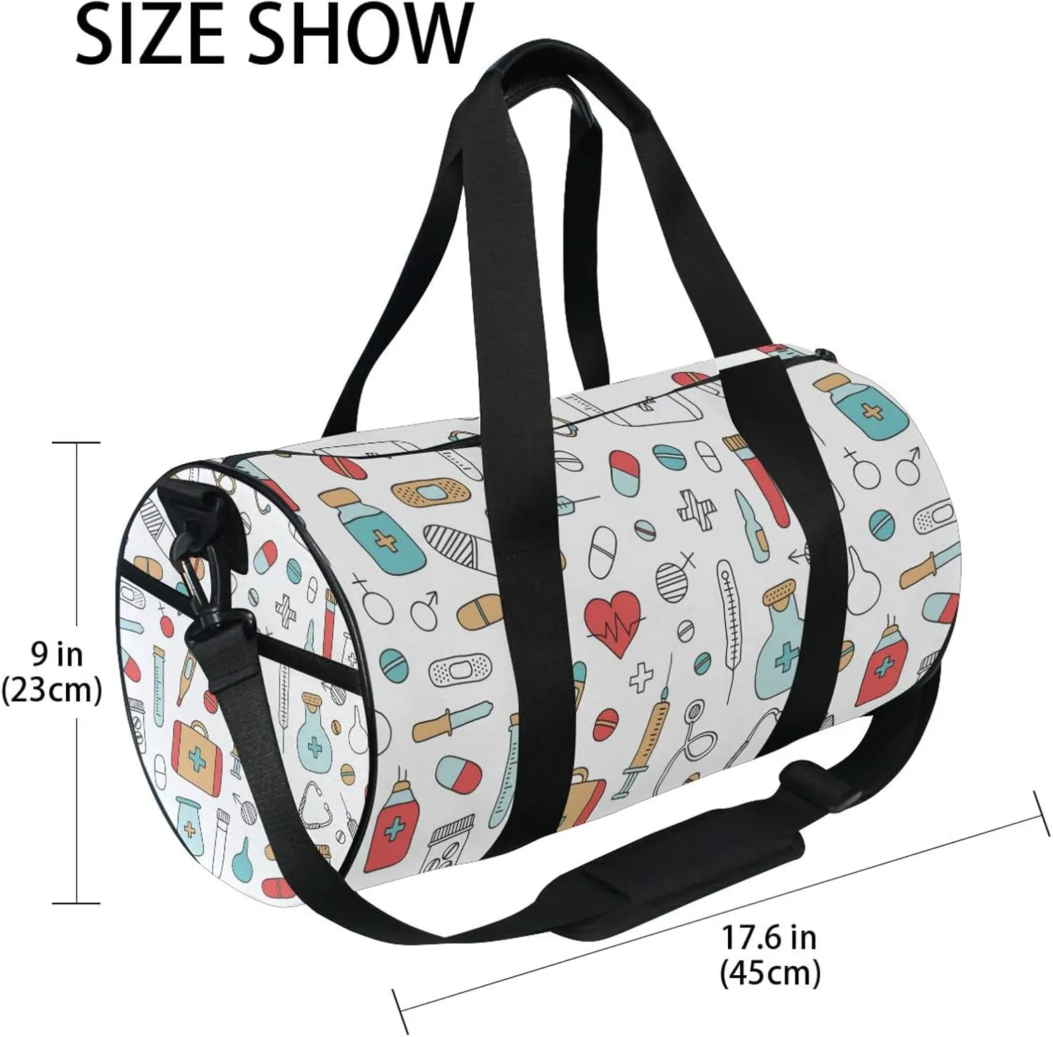 Medical Medicine Research Pills Needles Heart Blood on White Duffel Bag, Foldable Canvas Travel Tote for Gym Sports with Inner Pockets, Durable Lightweight Fitness Bag for Overnight Workout