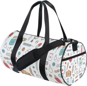 Medical Medicine Research Pills Needles Heart Blood on White Duffel Bag, Foldable Canvas Travel Tote for Gym Sports with Inner Pockets, Durable Lightweight Fitness Bag for Overnight Workout
