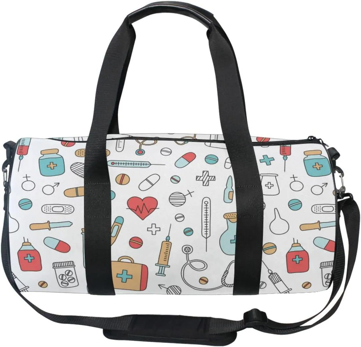 Medical Medicine Research Pills Needles Heart Blood on White Duffel Bag, Foldable Canvas Travel Tote for Gym Sports with Inner Pockets, Durable Lightweight Fitness Bag for Overnight Workout